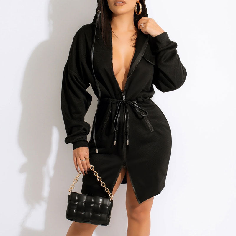 Solid Long Sleeve Zipper Design Sweater Dress