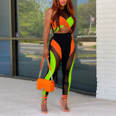 Colorblock Sleeveless Sheer Mesh 2PCS Pants Set