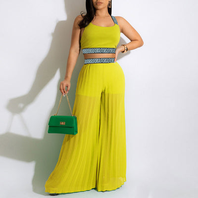 Print Sleeveless Crop Top & Wide Leg Pants Set