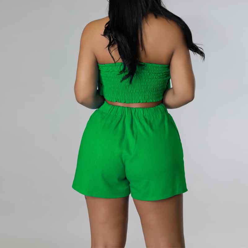 Solid Ruffle Design Tube Top & Shorts Set