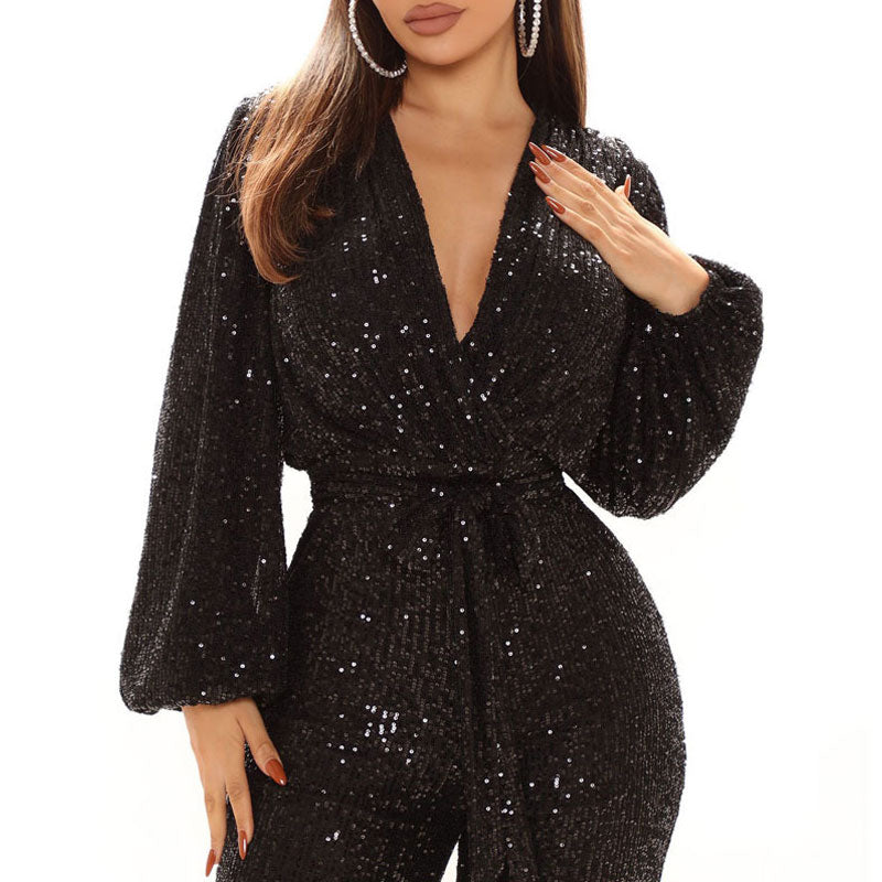 Sequins Deep V-Neck Long Sleeve Jumpsuit