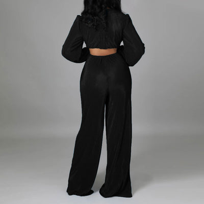 Solid Deep V-Neck Long Sleeve Cut Out Jumpsuit