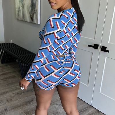 Print Long Sleeve Slit Top & Shorts Set