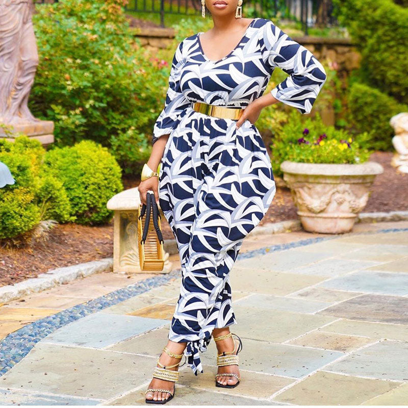 Print V-Neck Long Sleeve Loose Jumpsuit Without Belt