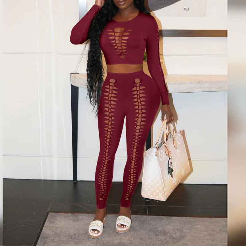 Solid Long Sleeve Cut Out Crop Top & Pants Set