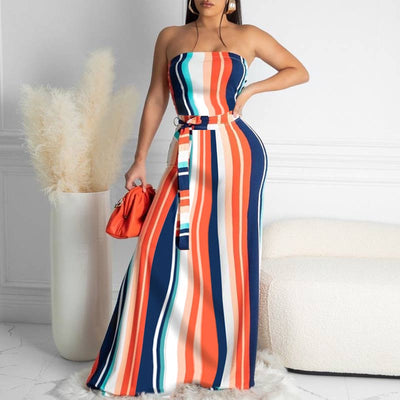 Stripe Pattern Off Shoulder Loose Maxi Dress