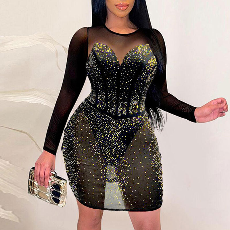 Rhinestone Long Sleeve Sheer Mesh Bodycon Dress