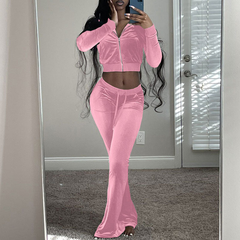 Solid Velvet Long Sleeve Crop Top & Pants Set