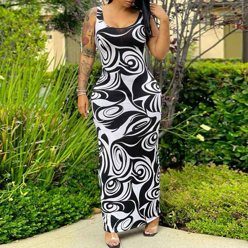 Print U Neck Sleeveless Maxi Dress