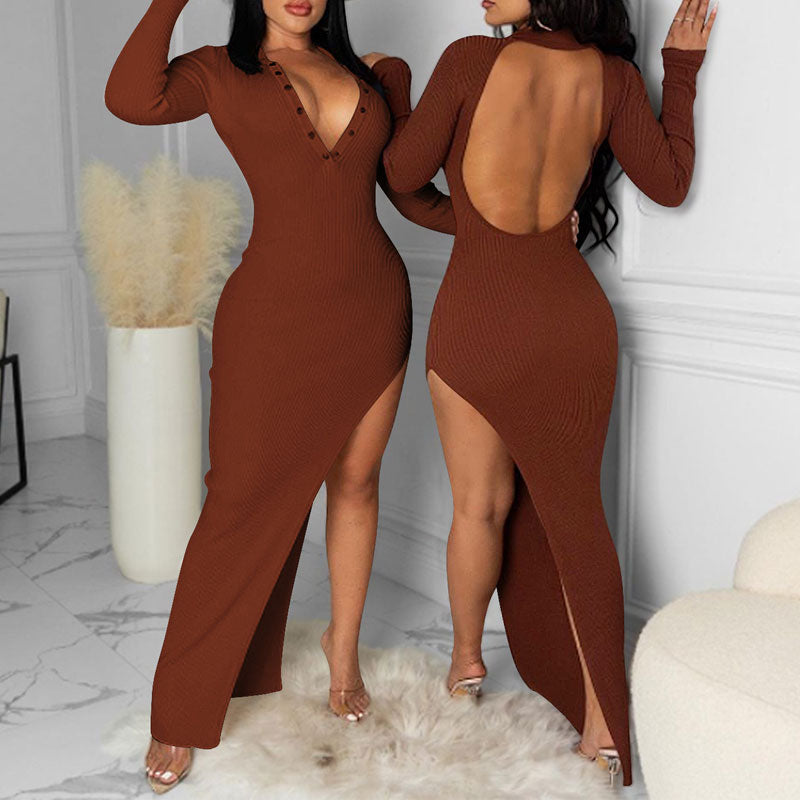 Solid V-Neck Long Sleeve Backless High Slit Dress