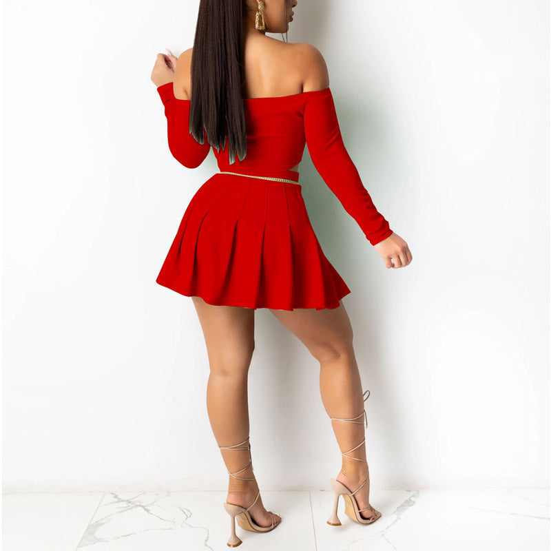 Off Shoulder Crop Top & Pleated Skirt Set