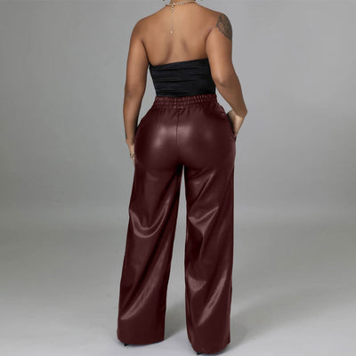 Solid High Waist Pocket Design PU Leather Pants