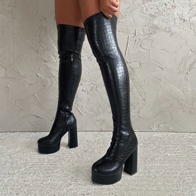 Solid Platform Chunky Heeled Knee-High Boots