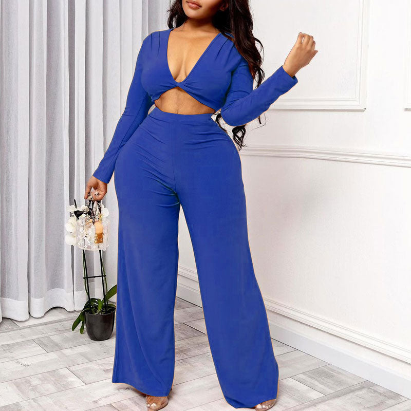 Solid V-Neck Long Sleeve Crop Top & Pants Set