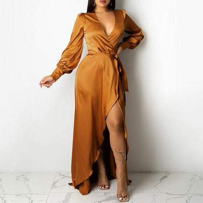 Solid Deep V-Neck Long Sleeve High Slit Floor-Length Dress