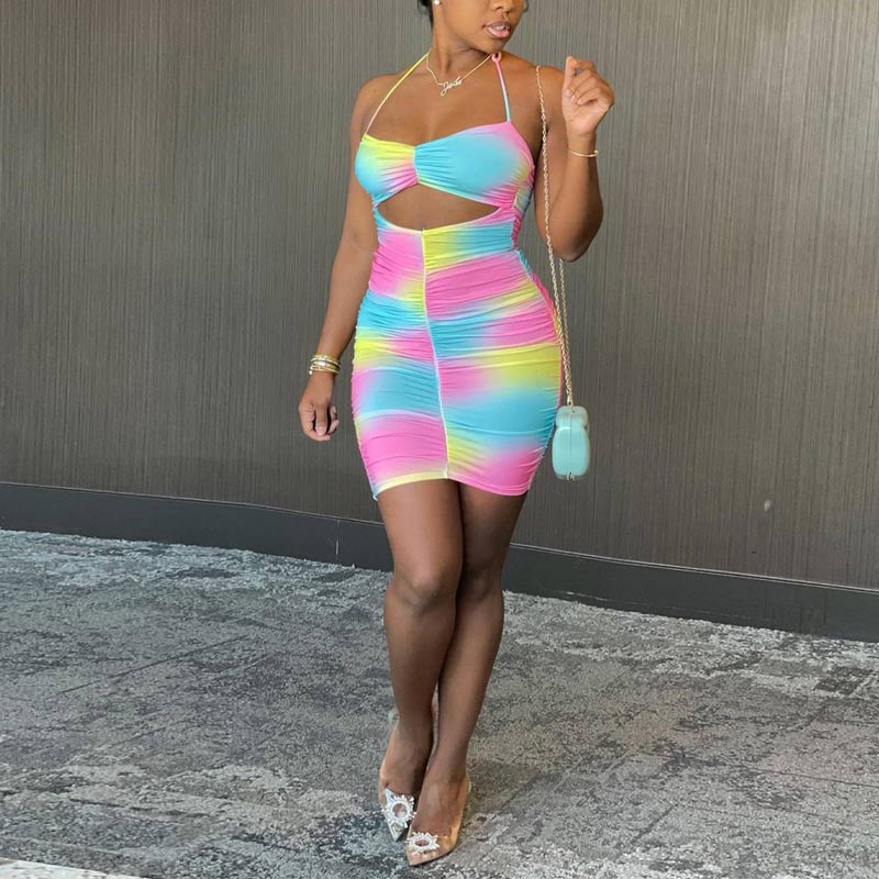 Tie Dye Pleats Bodycon Mini Dress