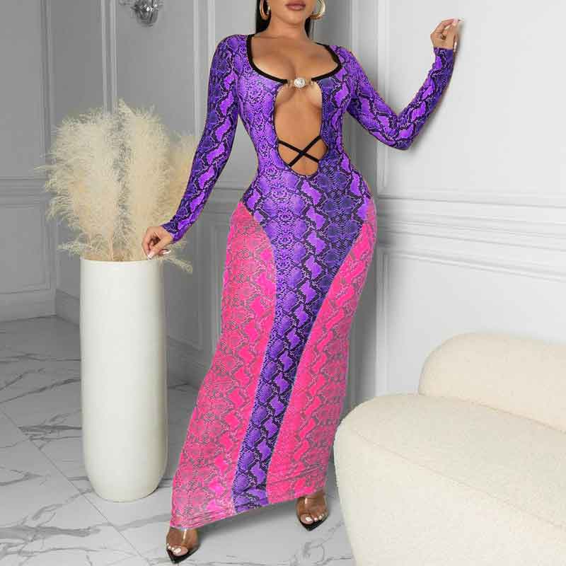 Snakeskin Print Long Sleeve Hollow Out Maxi Dress