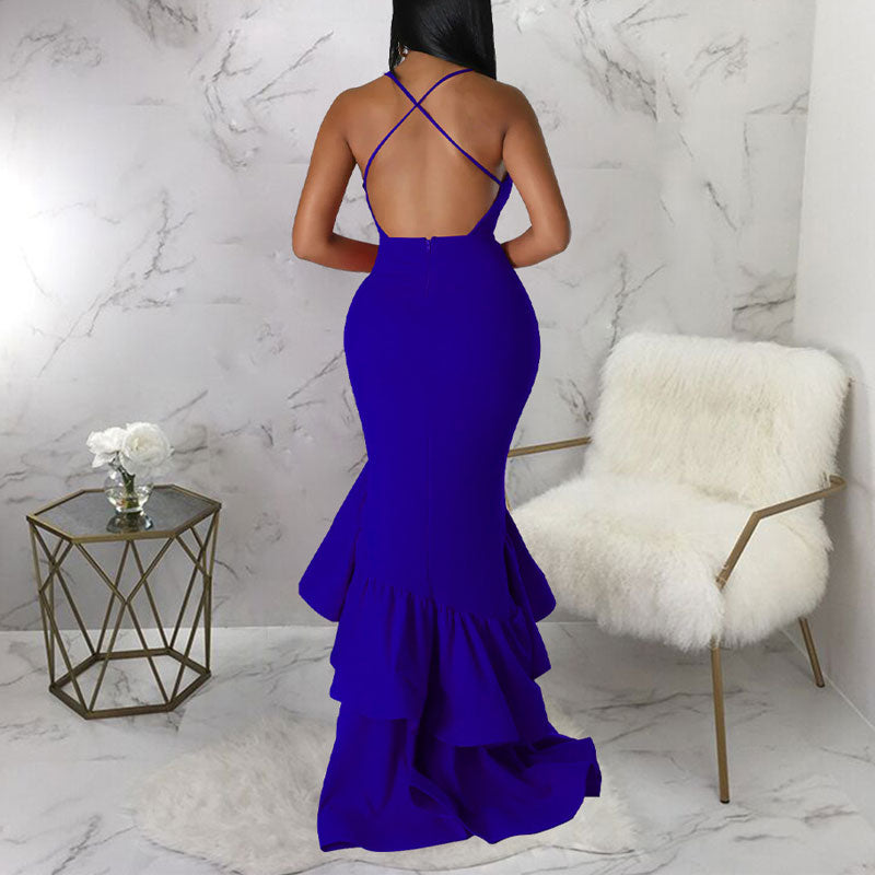 Solid Sleeveless Deep V-Neck High Slit Ruffle Design Maxi Dress