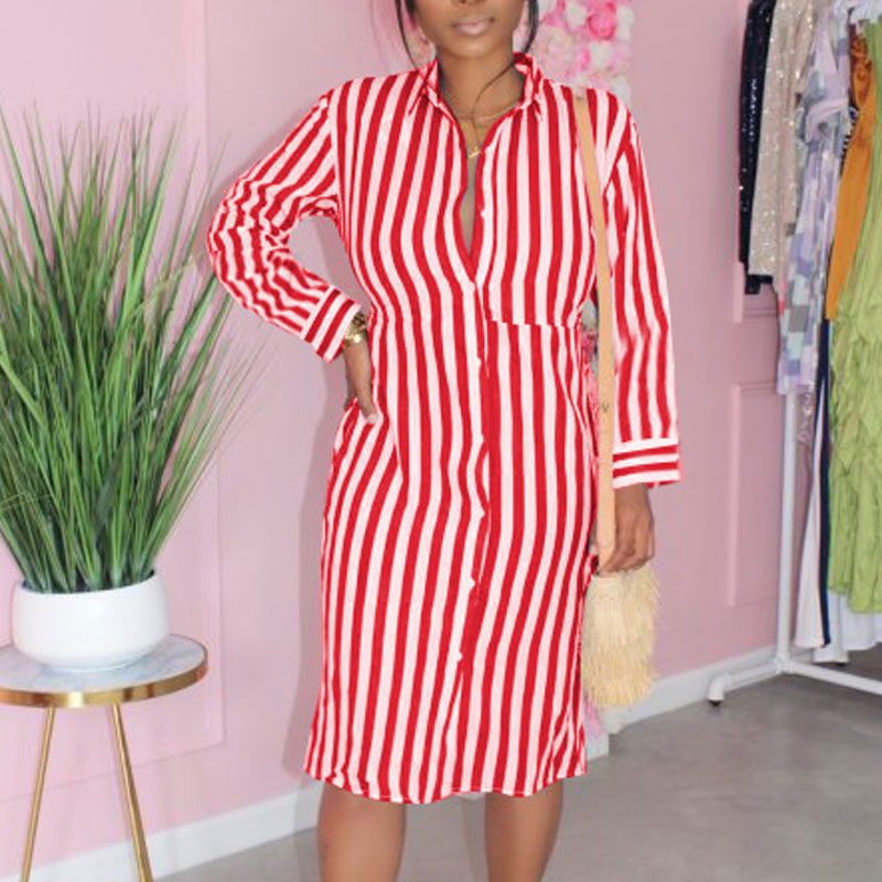 Striped Pattern Long Sleeve Buttoned Shirt Dress