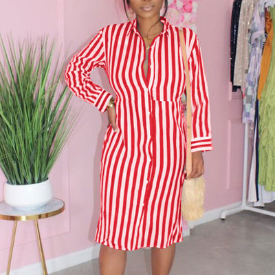 Striped Pattern Long Sleeve Buttoned Shirt Dress