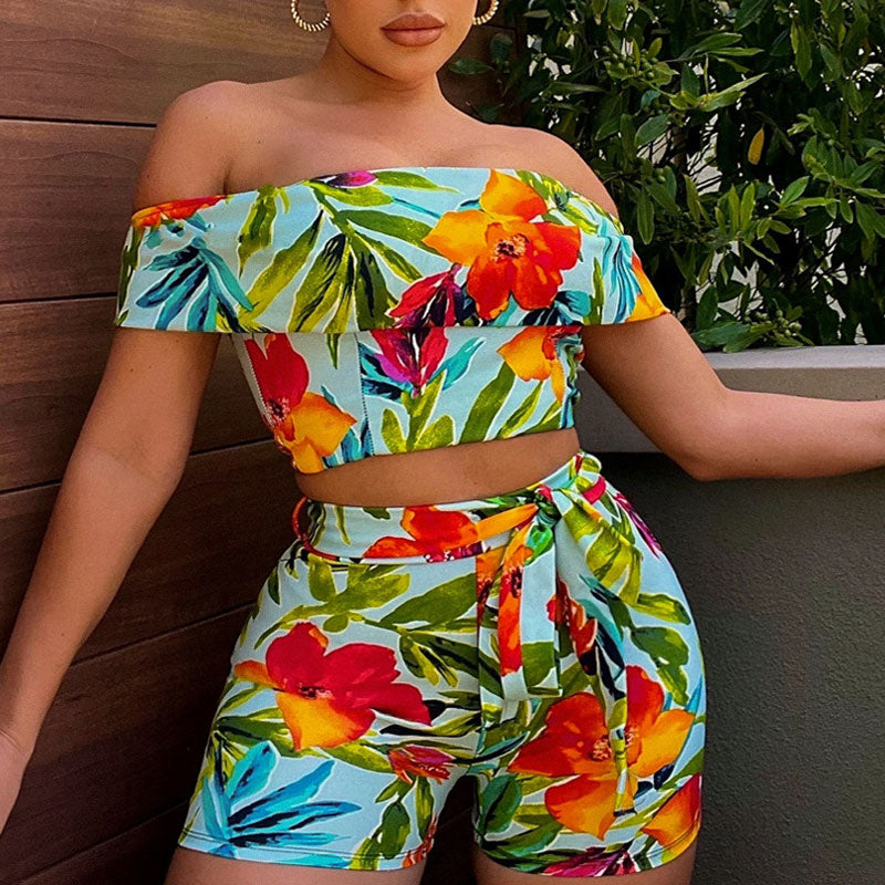 Floral Print Off Shoulder Tube Top & Shorts Set