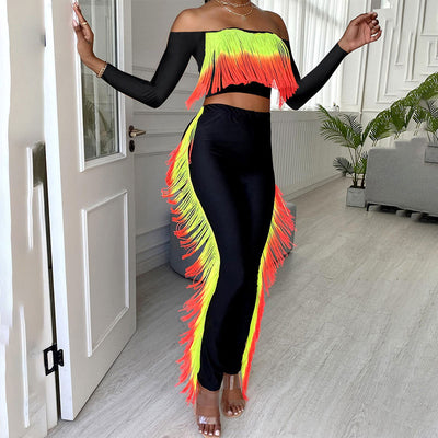 Off Shoulder Long Sleeve Tassel Design Crop Top & Pants Set