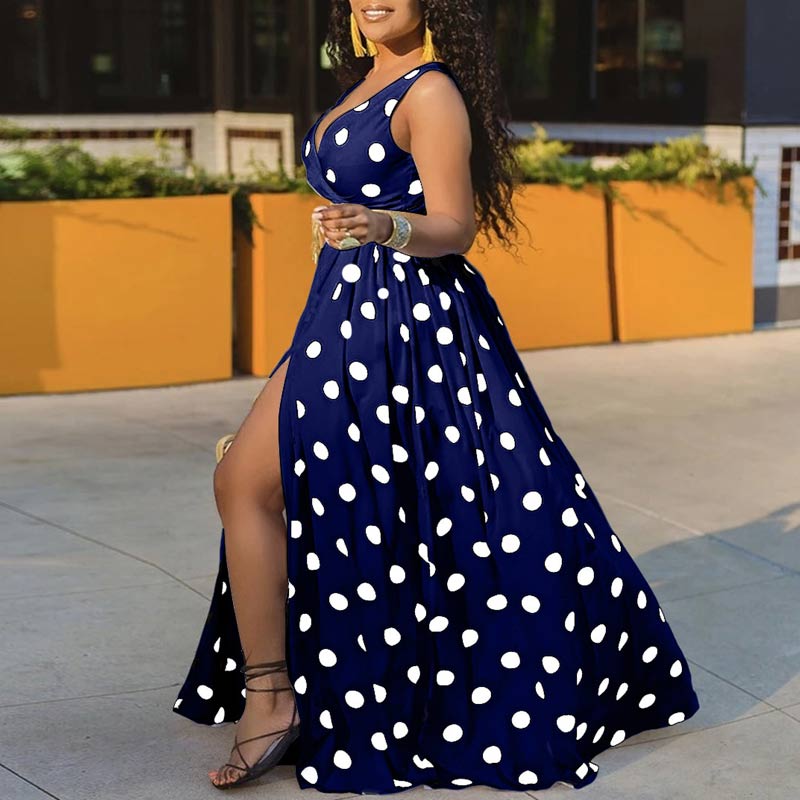 Polkadot Print Deep V-Neck High Slit Maxi Dress