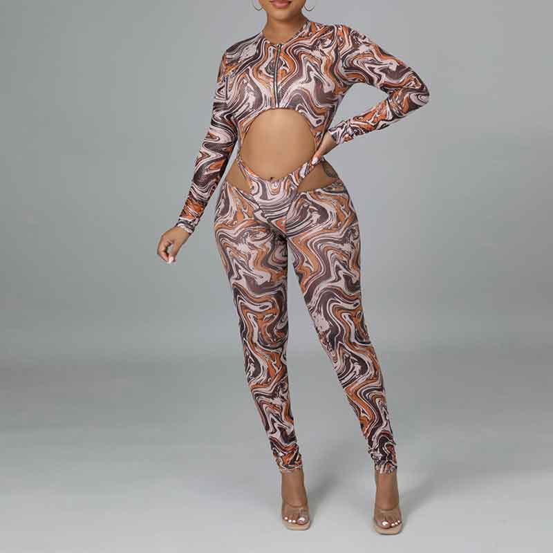 Print Long Sleeve Cut Out Skinny Jumpsuit