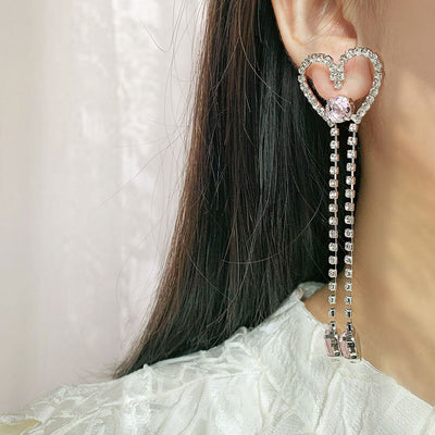 Rhinestone Heart Pattern Tassel Design Earrings