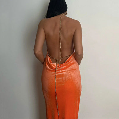 Solid Halter Chain Strap Backless Maxi Dress