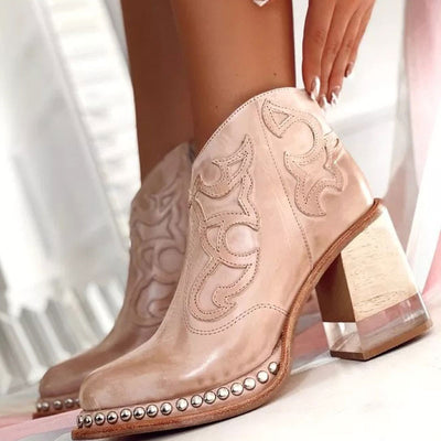 Print Rivet Decoration Chunky Heeled Boots