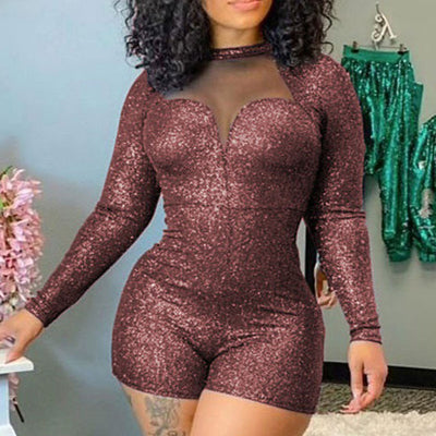 Glitter Long Sleeve Sheer Mesh Patchwork Romper