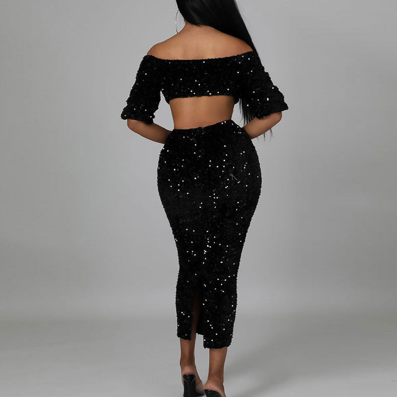 Sequins Off Shoulder Crop Top & Skirt Set