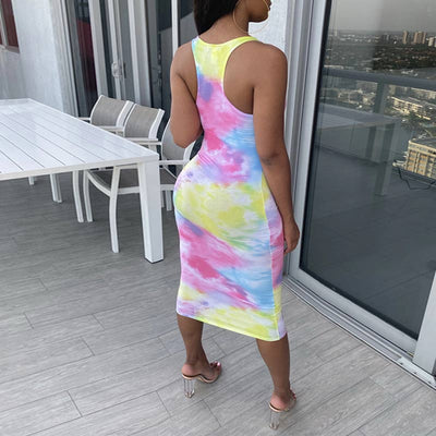 Tie Dye Print U Neck Sleeveless Bodycon Dress