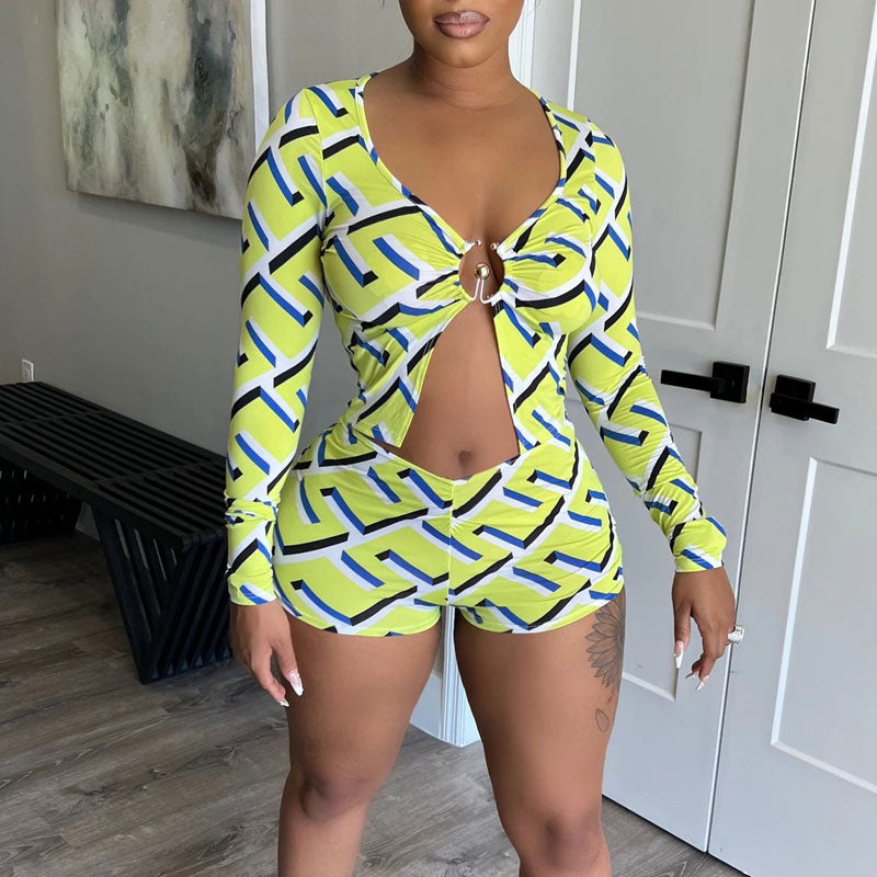 Print Long Sleeve Slit Top & Shorts Set