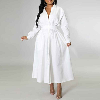 Solid Long Sleeve Button Detailed Loose Shirt Dress