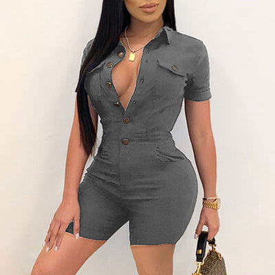 Solid Turndown Neck Button Detailed Romper