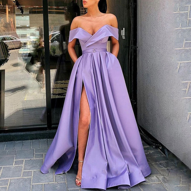 Solid One Shoulder Deep V-Neck High Slit Pleated Satin Evening Dress