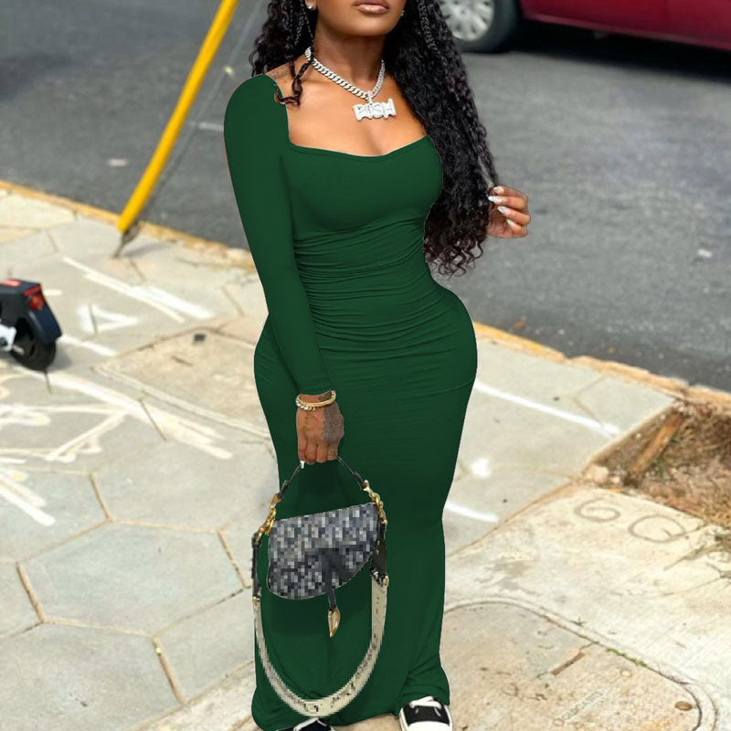 Solid U Neck Long Sleeve Maxi Dress