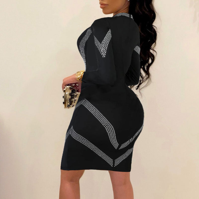 Rhinestone Long Sleeve Cut Out Bodycon Dress