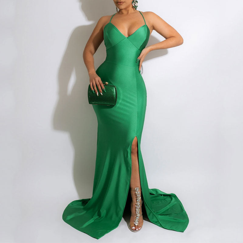 Solid Sleeveless Bandage High Slit Floor-Length Dress