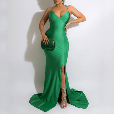 Solid Sleeveless Bandage High Slit Floor-Length Dress