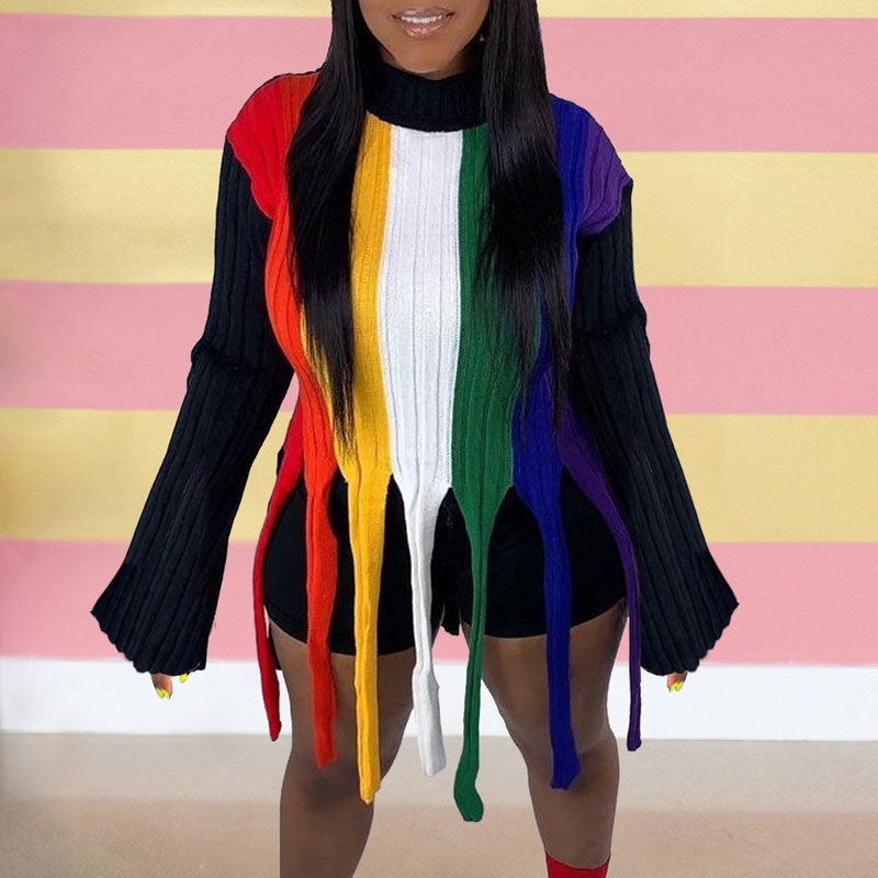 Colorblock Long Sleeve Tassel Design Sweater