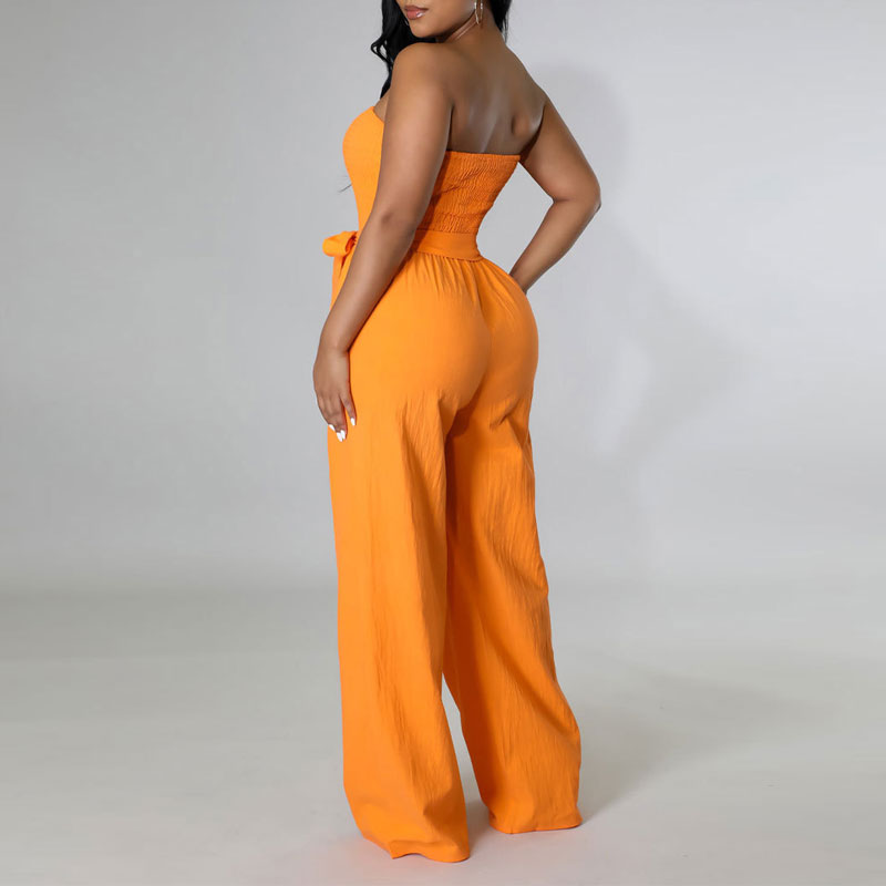 Solid Off Shoulder Belted Wide Leg Jumpsuit