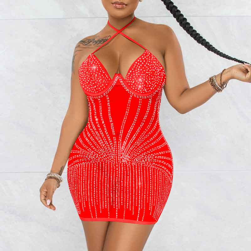 Rhinestone Halter Sleeveless Bodycon Dress