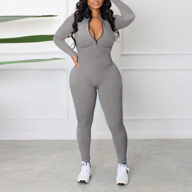 Solid Long Sleeve Zipper Design Skinny Jumpsuit