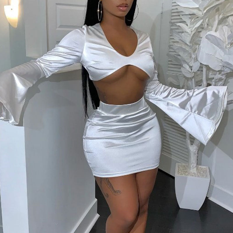 Solid Flared Sleeve Crop Top & Skirt Set