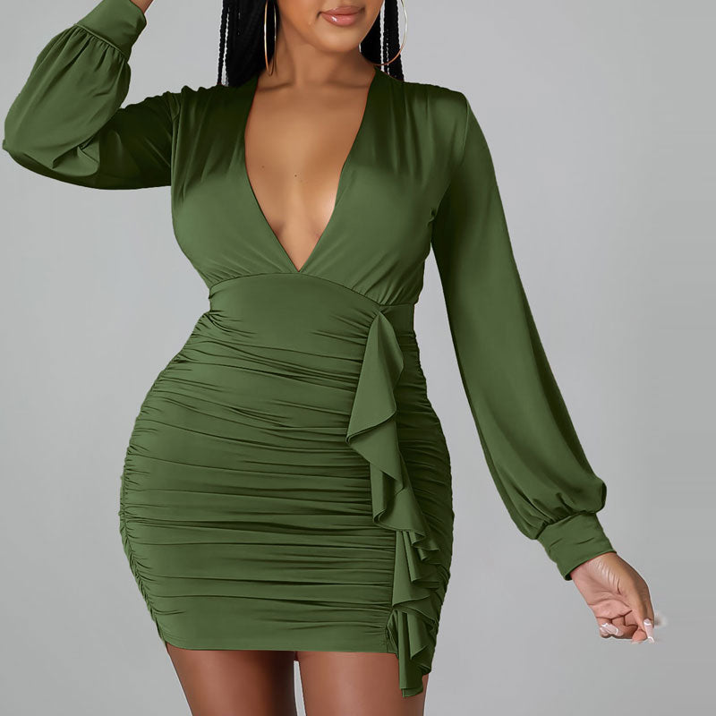 Solid Deep V-Neck Long Sleeve Ruffle Design Ruched Bodycon Dress