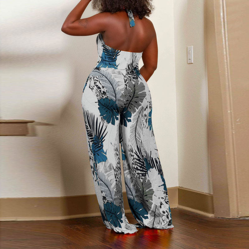 Leaf Print Halter Sleeveless Loose Jumpsuit