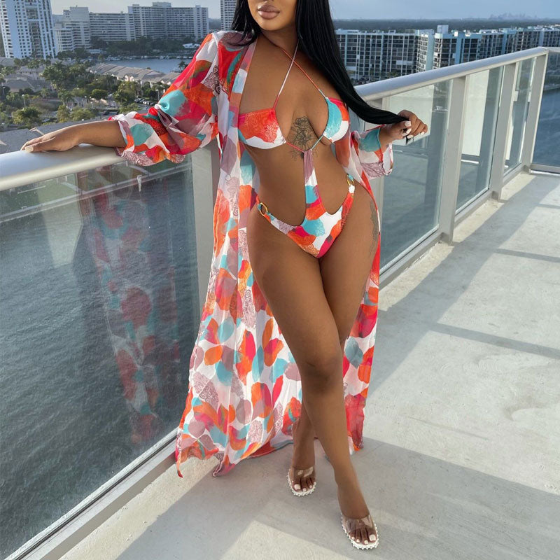 Print Cut Out One Piece Swimsuit With Cover Up Dress